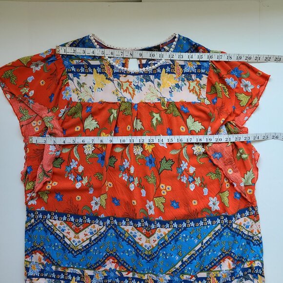 Flutter Sleeve Peasant Tunic Top 3X Floral Boho Lightweight Red Blue - Picture 8 of 10